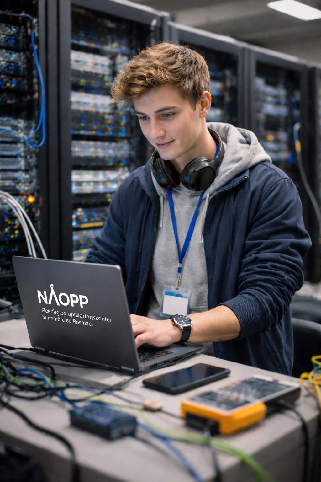 Illustrasjon av l&aelig;rling i IT-driftsfaget som arbeider p&aring; en PC. Bildet er laget med KI